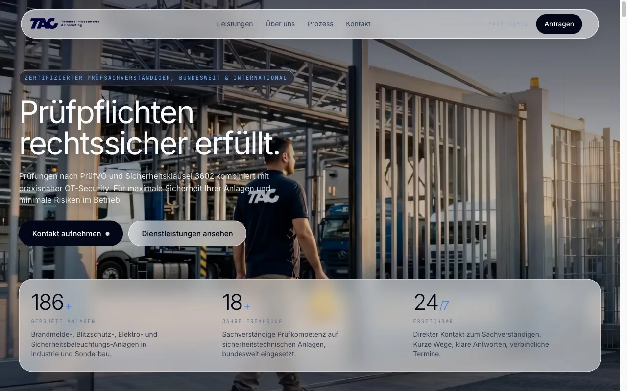 Screenshot der TAC-SV Live-Site mit Hero, Kennzahlen 186+ geprüfte Anlagen, 18+ Jahre Erfahrung, 24/7 erreichbar