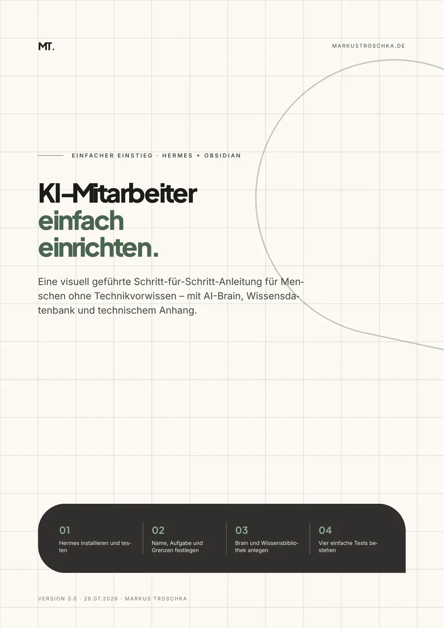 Cover des Praxisleitfadens KI-Mitarbeiter mit Hermes und Obsidian